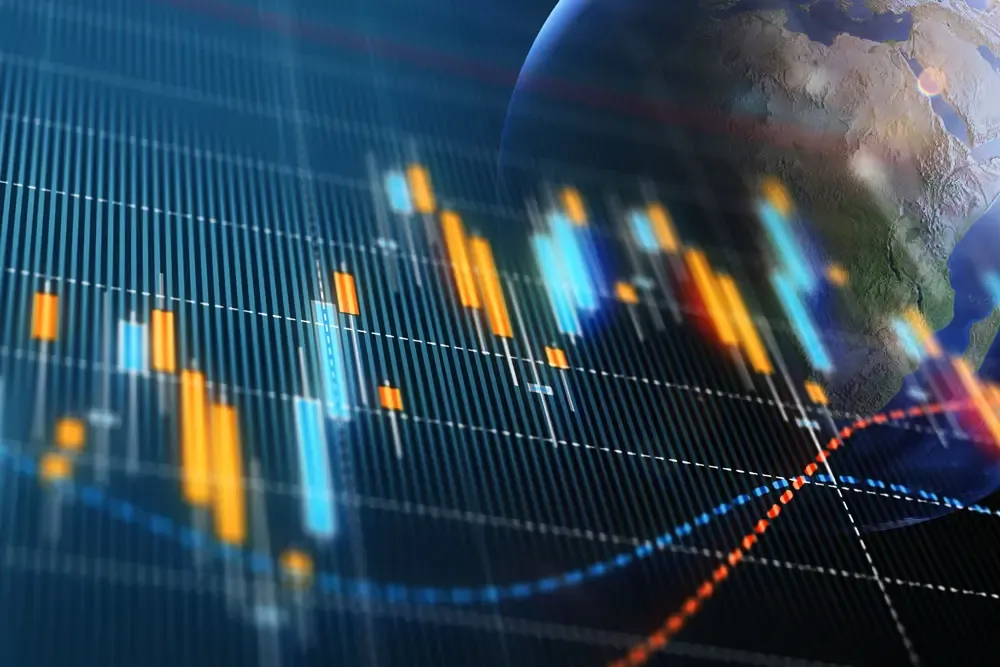 Financial chart overlaying the globe